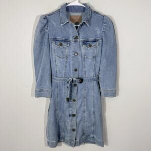 Retrofete Denim Belted Mini Dress Women's Small Puff Shoulder Sleeve Distressed